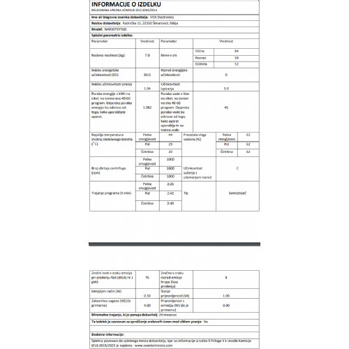 Vox WM 1075-LTQD perilica rublja, klasa D, 7 kg, 1000 o/min, 15 programa
