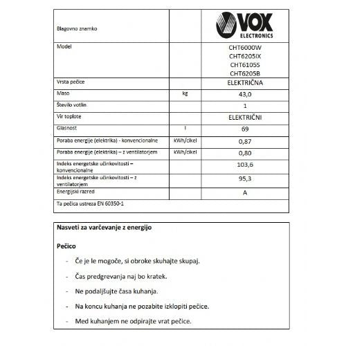 Steklokeramični štedilnik VOX CHT 6105S, 4 steklokeramične plošče, ventilacijska pečica (69 l), srebrn