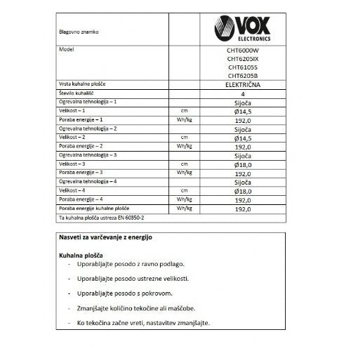 Steklokeramični štedilnik VOX CHT 6105S, 4 steklokeramične plošče, ventilacijska pečica (69 l), srebrn