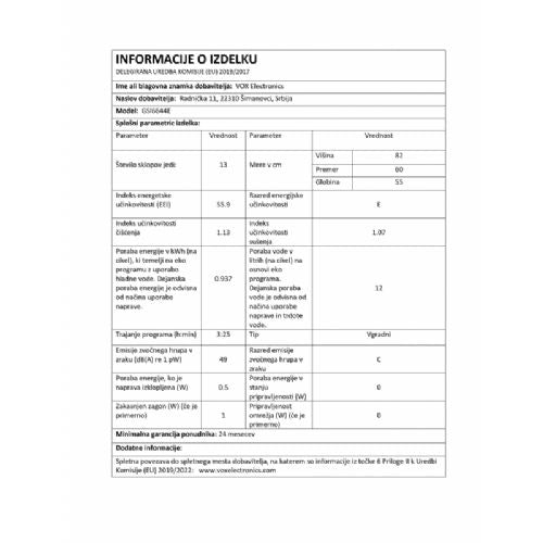 Vgradni pomivalni stroj VOX GSI 6644 E, razred E, 13 pogrinjkov, 6 programov, 59,8 x 82 x 55 cm