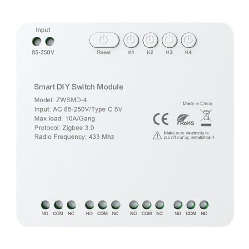 ZigBee 4-kanalni stikalni modul z breznapetostnim DC 32V kontaktom Avatto ZWSMMD-4-250V