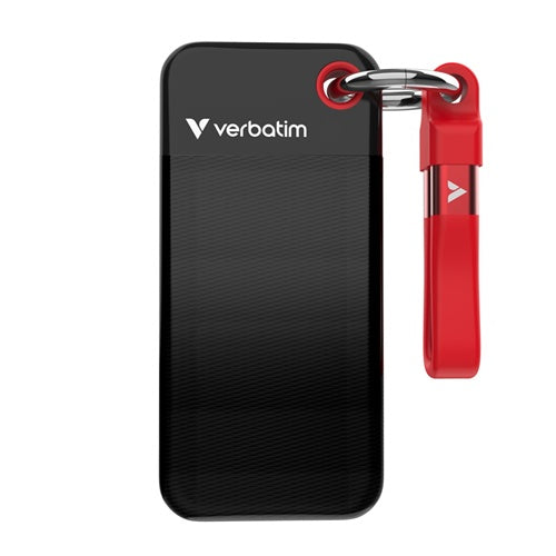 Zunanji SSD Verbatim Pocket SSD 2 TB, Externe SSD USB-C 3.2 Gen 2 (10 Gbit/s), z obsekom za ključe, črna/rdeča