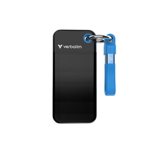 Zunanji SSD Verbatim Pocket SSD 2 TB, Externe SSD USB-C 3.2 Gen 2 (10 Gbit/s), z osebkom za ključke, črna/modra