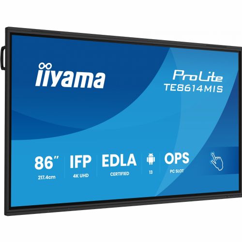 218 cm/86 palcev (3840 x 2160) iiyama ProLite TE8614MIS-B2AG 16:9 4K UHD VA zaslon na dotik 6,5 ms 60 Hz 24/7 4xHDMI DP USB-C LAN WIFI zvočnik črne barve