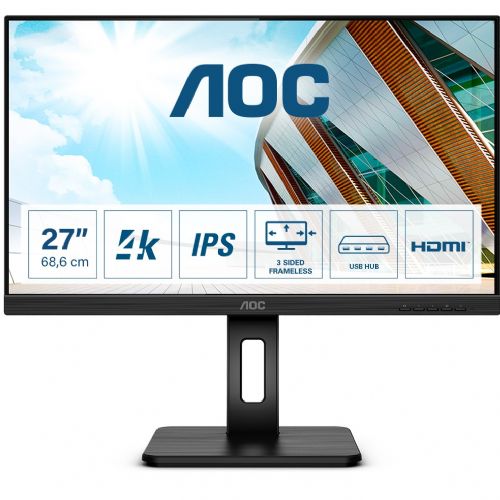 Monitor AOC U27P2 68,6 cm (27"), 3840x2160 (4K UHD), IPS, 350 cd/m2, 16:9 4ms USB HDMI DisplayPort vrtljivi zvočnik 4K UHD črn
