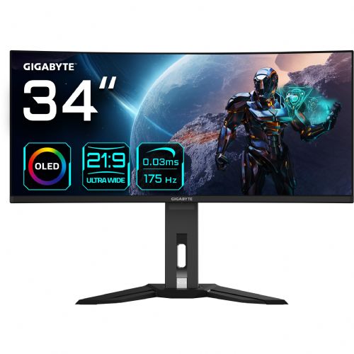 Monitor Gigabyte MO34WQC 86,4 cm (34"), 3440x1440 (QHD), OLED 1000 cd/m2, 21:9 HDR400 0,03ms 175Hz 2xHDMI DP USB-C zvočnik črn