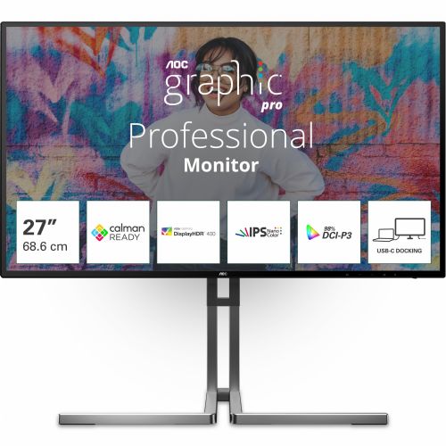 Monitor AOC U27U3CV 68,6 cm (27"), 3840 x 2160 (4K UHD), IPS, 16:9, HDMI, DP, USB-C 96 W, Lift crni