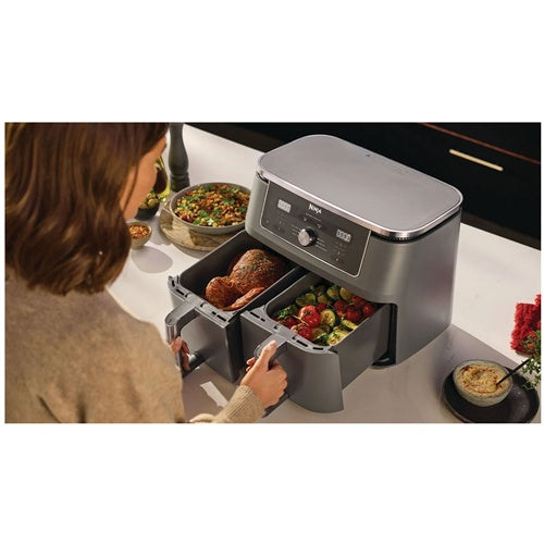 Ninja DZ400EU Air Fryer 6 Programs, 2 Baskets 4.75 L, 2470 W, Adjustable Thermostat, Metallic Gray