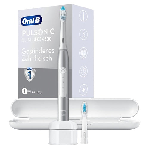 Električna zobna ščetka Oral-B Pulsonic Slim Luxe 4500 Travel Edition, baterija Ni-Mh, do 14 dni delovanja, 3 načini čiščenja, časovnik, belo-srebrna