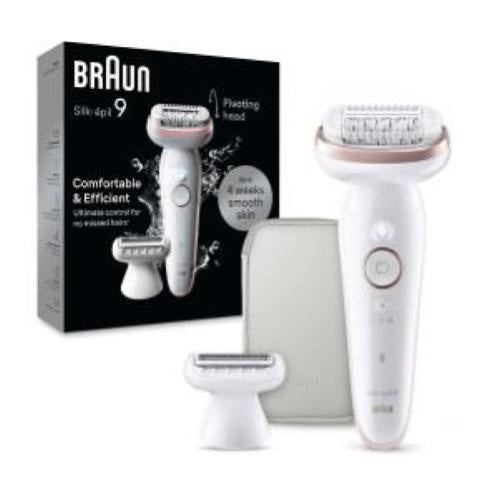 Epilator Braun Silk-epil 9-030 SensoSmart, suho in mokro delovanje, brezžični, 40 pincet, brivna glava, ščetka za piling, bel