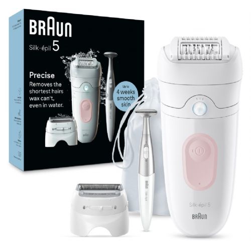 Epilator Braun Silk-épil 5-230 (bel/roza, vključno s prirezovalnikom za bikini predel, brivno glavo, glavo prirezovalnika)