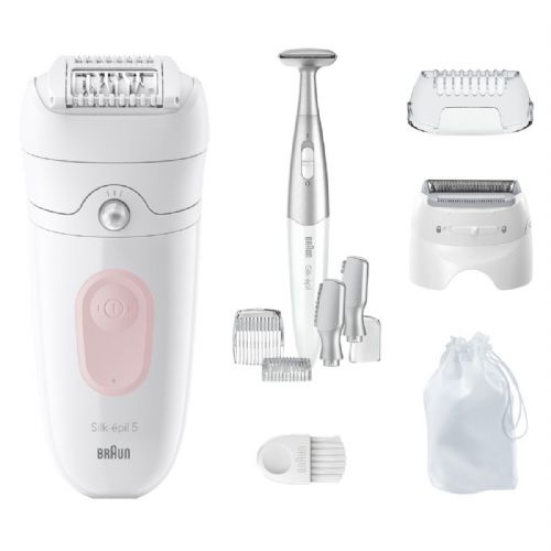 Epilator Braun Silk-épil 5-230 (bel/roza, vključno s prirezovalnikom za bikini predel, brivno glavo, glavo prirezovalnika)