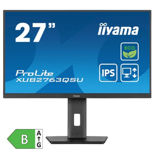 Monitor Iiyama ProLite XUB2763QSU-B1, 68,6 cm (27"), 2560 x 1440 (QHD), 16 : 9, IPS, 350 cd/m2, 2 ms, 100 Hz, HDMI, DP, USB, zvučnik, pivot, crni