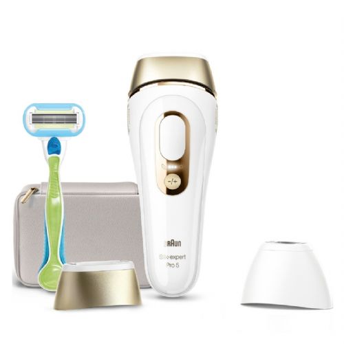 IPL aparat za odstranjevanje dlak Braun Silk-expert Pro PL5152 (bel/zlati, vključno z vrečko + standardnim in širokim nastavkom + britvico Venus)