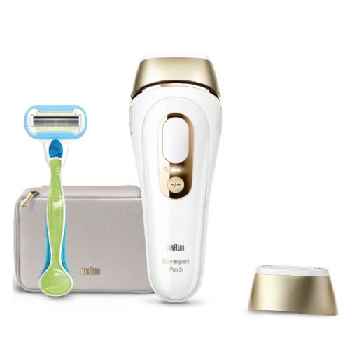 IPL – aparat za trajno odstranjevanje dlak Braun Silk-expert Pro PL5052, IPL tehnologija, 10 nastavitev intenzivnosti, 400.000 svetlobnih impulzov, senzor stika s kožo, bela/zlata, vključuje vrečko in britvico Venus