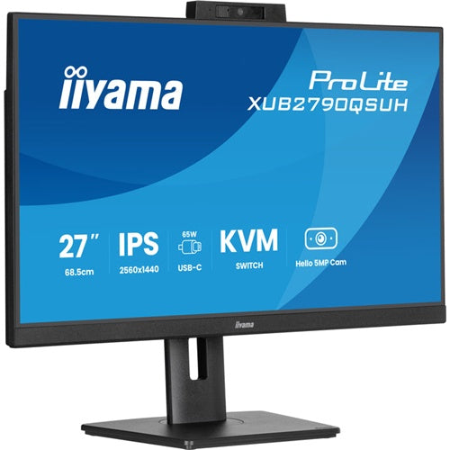 Monitor Iiyama ProLite XUB2790QSUH-B2 68,5 cm (27"), 2560 X 1440 QHD, 16:9, IPS, 250cd/m2, 100Hz, HDMI, DP, USB-C (65W), kamera, črna
