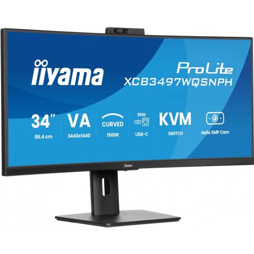 Monitor Iiyama ProLite XCB3497WQSNPH-B1 86,4 cm (34"), UWQHD, VA, ukrivljen, KVM, USB-vozlišče, USB-C, spletna kamera, 120Hz zaslon, črna