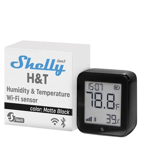 Pametni detektor Shelly H&T Gen3 črn (Wi-Fi, Bluetooth, e-papir prikaz, merjenje temperature in vlage, baterijsko napajanje)