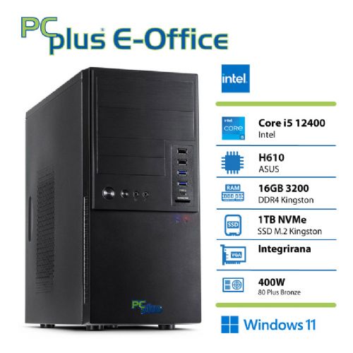 Namizni računalnik PCplus e-office, i5-12400, 16 GB, 1 TB NVMe SSD, Windows 11 Home, tipkovnica, miška