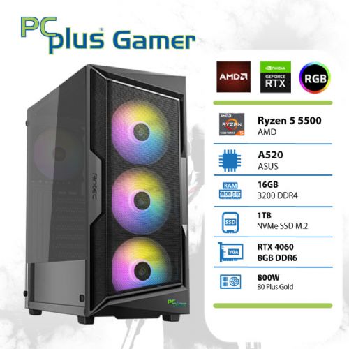 Gaming namizni računalnik PCplus Gamer, Ryzen 5 5500, 16 GB, 1 TB NVMe SSD, GeForce RTX 4060, 8 GB, RGB