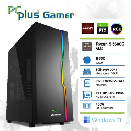 PCPLUS Gamer Ryzen 5 5600G 8GB 512GB SSD RTX 3050 8GB Windows 11 Home RGB gaming namizni računalnik