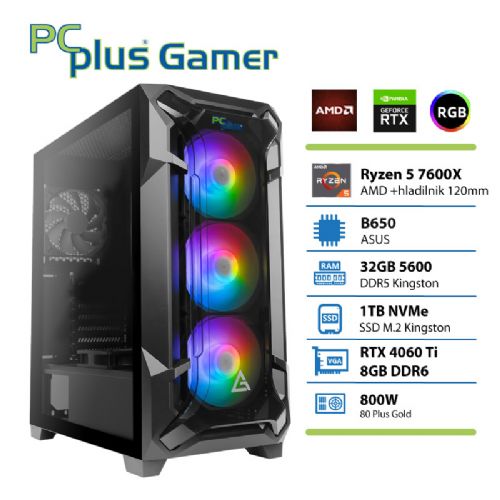PCPLUS Gamer Ryzen 5 7600X 32GB 1TB NVMe SSD RTX 4060Ti 8GB igraće stolno računalo