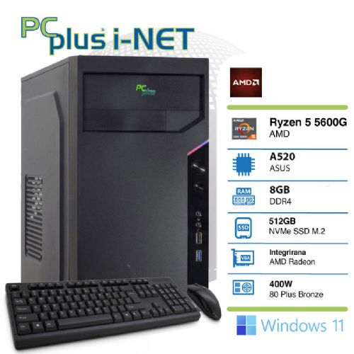 Računalnik PCPLUS i-NET Ryzen 5 5600G 8GB 512GB NVMe M.2 SSD miška tipkovnica Windows 11 Home