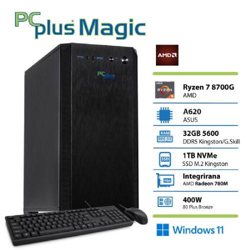 PCPLUS Magic Ryzen 7 8700G 32GB 1TB NVMe SSD Radeon 780M Windows 11 Home tipkovnica miška namizni računalnik