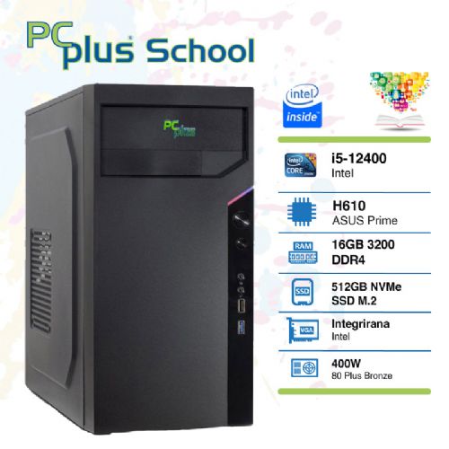 Namizni računalnik PCPlus School, i5-12400, 16 GB, 512 GB NVMe SSD, Windows 11 Pro, EDU