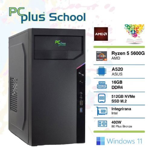 Namizni računalnik PCplus School, Ryzen 5 5600G, 16 GB, 512 GB NVMe SSD, Windows 11 Pro EDU