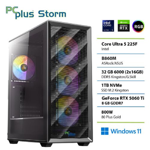 Namizni računalnik PCPLUS Storm Core Ultra 5 225F 32GB 1TB SSD RTX 5060Ti 8GB Windows 11 Home gaming