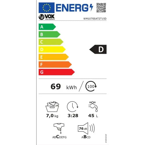 Pralni stroj Vox WM 1070-SAT2T15D, 7 kg, s funkcijo SteamAssist za globinsko nego