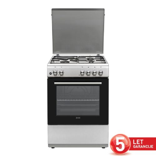 Kombinirani štedilnik Vox GHB 6310 IX, razred A, 3 x plin, 1 x elektrika, pečica 72 litrov, inox