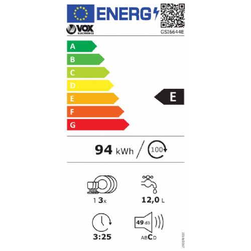 Vgradni pomivalni stroj VOX GSI 6644 E, razred E, 13 pogrinjkov, 6 programov, 59,8 x 82 x 55 cm